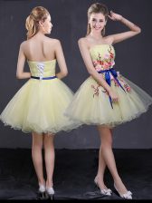  Light Yellow Strapless Neckline Appliques and Belt Prom Dress Sleeveless Lace Up