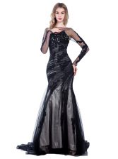 Sweet Mermaid Long Sleeves With Train Lace Zipper with Black Court Train