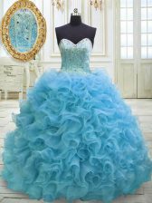 Stunning Baby Blue Ball Gowns Beading and Sequins 15th Birthday Dress Lace Up Organza Sleeveless