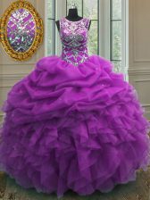  Scoop Purple Lace Up Sweet 16 Quinceanera Dress Beading and Ruffles and Pick Ups Sleeveless Floor Length