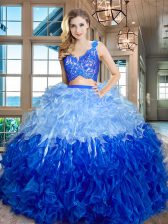  Multi-color V-neck Zipper Lace and Ruffles Vestidos de Quinceanera Sleeveless