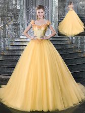 Comfortable Straps Gold Tulle Lace Up Quinceanera Dresses Sleeveless With Brush Train Beading