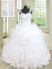  White Ball Gowns Straps Sleeveless Organza Floor Length Lace Up Beading and Ruffles Quinceanera Gowns