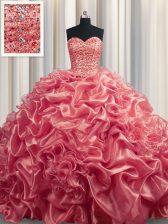 Fashion Watermelon Red Lace Up Sweetheart Beading and Pick Ups 15 Quinceanera Dress Organza Sleeveless Court Train