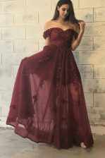 Sumptuous Off the Shoulder Short Sleeves Tulle Floor Length Zipper in Burgundy with Appliques