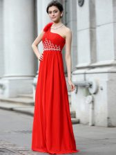 Extravagant Coral Red Column/Sheath Chiffon One Shoulder Sleeveless Beading and Ruching Floor Length Zipper Prom Gown