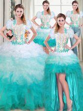  Four Piece Multi-color Sweet 16 Dress Military Ball and Sweet 16 and Quinceanera with Beading and Appliques and Ruffles Sweetheart Sleeveless Lace Up