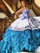 Flare Baby Blue Organza Lace Up Sweet 16 Dresses Sleeveless Floor Length Appliques and Embroidery and Ruffles
