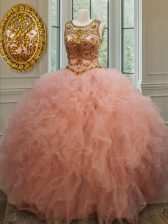 Scoop See Through Peach Sleeveless Beading and Ruffles Floor Length Quince Ball Gowns