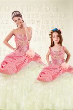  Sleeveless Floor Length Beading and Ruffled Layers and Hand Made Flower Lace Up Ball Gown Prom Dress with Pink