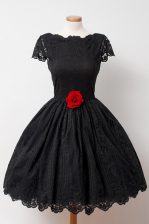  Lace Black Prom Dresses Prom and Party with Hand Made Flower Bateau Cap Sleeves Backless