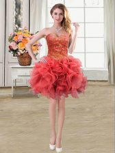  Coral Red Ball Gowns Sweetheart Sleeveless Organza Mini Length Lace Up Beading and Ruffles Prom Gown