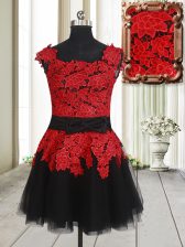 Suitable Square Red And Black Sleeveless Mini Length Appliques Zipper Prom Party Dress