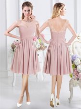  Chiffon Scoop Cap Sleeves Zipper Lace and Ruching Dama Dress for Quinceanera in Pink