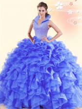 Ideal Sleeveless Backless Floor Length Beading and Ruffles Quinceanera Dress