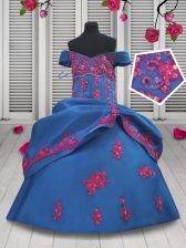 Enchanting Blue Ball Gowns Off The Shoulder Sleeveless Taffeta Floor Length Lace Up Beading and Appliques and Pick Ups Little Girls Pageant Dress