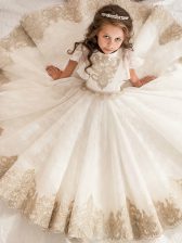  Bateau Short Sleeves Lace Little Girls Pageant Dress Beading and Lace Zipper