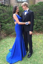 Extravagant Mermaid Elastic Woven Satin Sleeveless With Train Prom Evening Gown Sweep Train and Beading