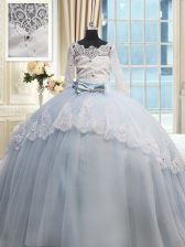 Custom Made Scalloped Light Blue Tulle Lace Up Quinceanera Dresses Half Sleeves Brush Train Beading and Lace and Bowknot
