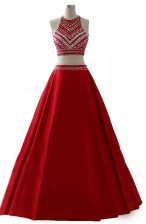  Scoop Sleeveless Chiffon Floor Length Zipper Prom Dress in Wine Red with Beading