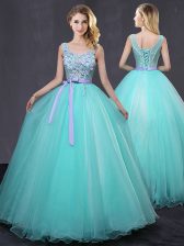 Fantastic Aqua Blue Tulle Lace Up Scoop Sleeveless Floor Length Quince Ball Gowns Appliques and Belt