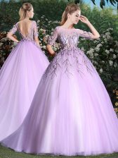  Scoop Lilac Backless 15 Quinceanera Dress Appliques Short Sleeves With Brush Train