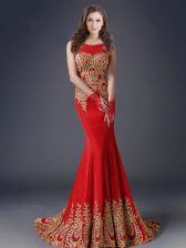  Mermaid Red Tulle Side Zipper Scoop Sleeveless With Train Dress for Prom Brush Train Appliques