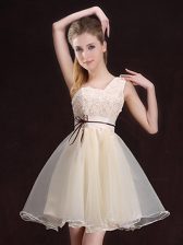  A-line Vestidos de Damas Champagne One Shoulder Organza Sleeveless Mini Length Lace Up