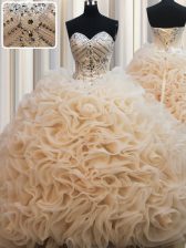 Fabulous Champagne Quince Ball Gowns Sweetheart Sleeveless Brush Train Lace Up