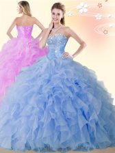 Traditional Blue Ball Gowns Organza Sweetheart Sleeveless Beading and Ruffles Floor Length Lace Up Sweet 16 Dresses