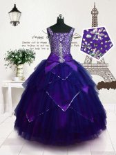  Purple Sleeveless Floor Length Beading and Belt Lace Up Kids Formal Wear