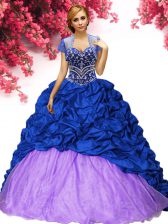  Sleeveless Taffeta Brush Train Lace Up Ball Gown Prom Dress in Royal Blue with Beading and Pick Ups