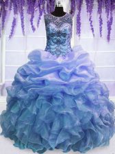 Spectacular Ball Gowns Quince Ball Gowns Blue Scoop Organza Sleeveless Floor Length Lace Up
