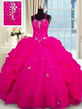  With Train Ball Gowns Sleeveless Fuchsia 15th Birthday Dress Brush Train Lace Up