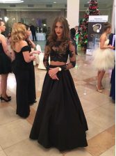  Scoop Long Sleeves Satin Prom Party Dress Lace Zipper