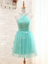 Eye-catching Aqua Blue A-line Tulle Straps Sleeveless Hand Made Flower Mini Length Lace Up Prom Gown