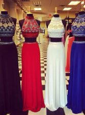 Fancy Navy Blue Column/Sheath High-neck Sleeveless Chiffon Sweep Train Backless Beading Prom Gown