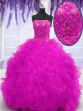  Organza Sleeveless With Train Quinceanera Gown Brush Train and Beading and Appliques and Ruffles