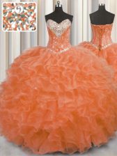 Wonderful Orange Red Organza Lace Up Sweetheart Sleeveless Floor Length 15 Quinceanera Dress Beading and Ruffles