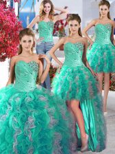 Glorious Four Piece Ball Gowns Quinceanera Gowns White and Turquoise Sweetheart Organza Sleeveless Floor Length Lace Up