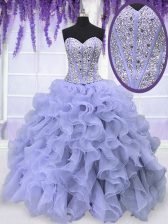 Fantastic Lavender Organza Lace Up 15 Quinceanera Dress Sleeveless Floor Length Beading and Ruffles