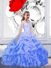  Baby Blue Ball Gowns Straps Sleeveless Organza Floor Length Lace Up Beading and Ruffles and Pick Ups Flower Girl Dresses for Less