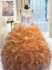  Organza Scoop Sleeveless Zipper Beading and Ruffles Quinceanera Dress in Orange