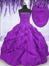 Beautiful Taffeta Strapless Sleeveless Lace Up Embroidery and Pick Ups 15 Quinceanera Dress in Eggplant Purple