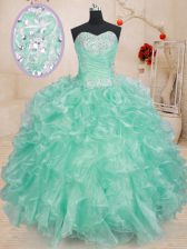 Modest Sweetheart Sleeveless Organza 15th Birthday Dress Beading and Ruffles Lace Up