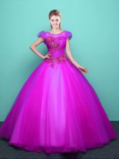 Low Price Fuchsia Scoop Lace Up Appliques Quince Ball Gowns Short Sleeves