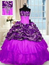  Organza and Printed Strapless Sleeveless Sweep Train Lace Up Beading and Ruffled Layers Sweet 16 Dresses in Purple