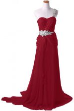 High Quality Burgundy Zipper One Shoulder Beading Prom Dresses Chiffon Sleeveless Watteau Train
