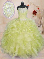  Yellow Green Sleeveless Floor Length Beading and Ruffles Lace Up Quinceanera Dress
