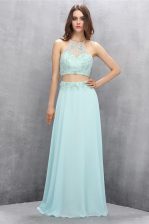 Nice Halter Top Sleeveless Sweep Train Zipper Prom Gown Light Blue Tulle